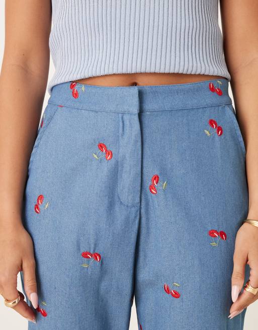 Sister Jane cherry embellished high rise flare jeans in denim blue, 5 of 5
