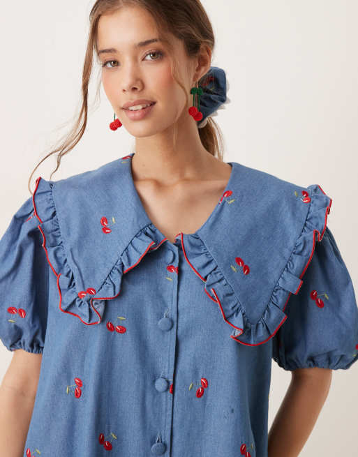 Sister Jane cherry embellished oversized collar mini dress in denim blue -  part of a set | ASOS