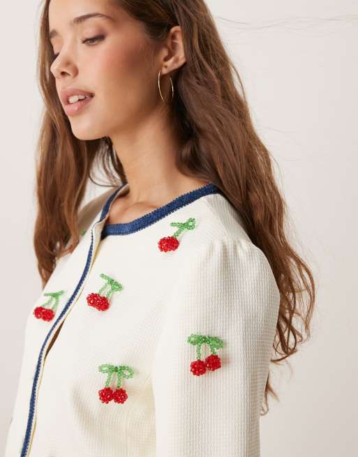 Sister Jane cherry embellished tweed jacket co-ord in cream, 3 of 4