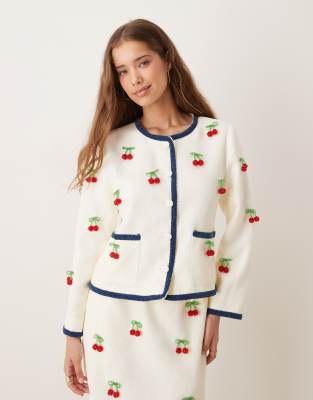 cherry embellished tweed jacket in cream - part of a set-White