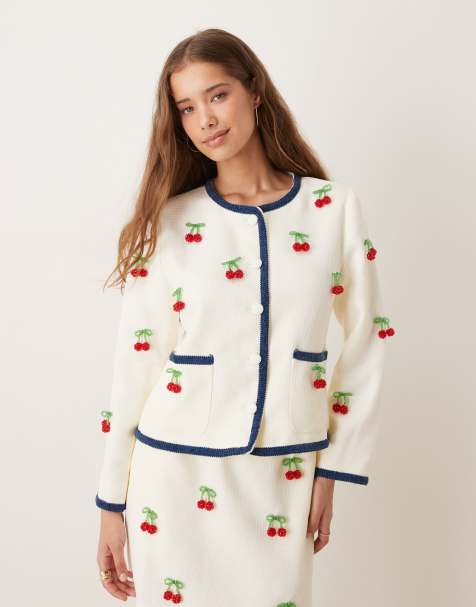 Sister Jane cherry embellished tweed jacket in cream - part of a set - view 1
