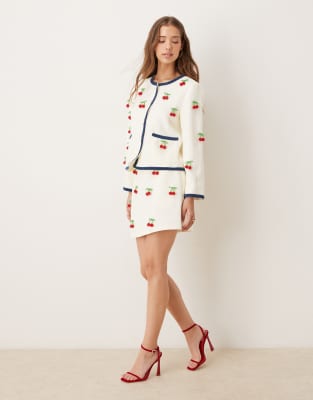 sister jane Sister Jane cherry embellished tweed mini skirt co-ord in cream-White