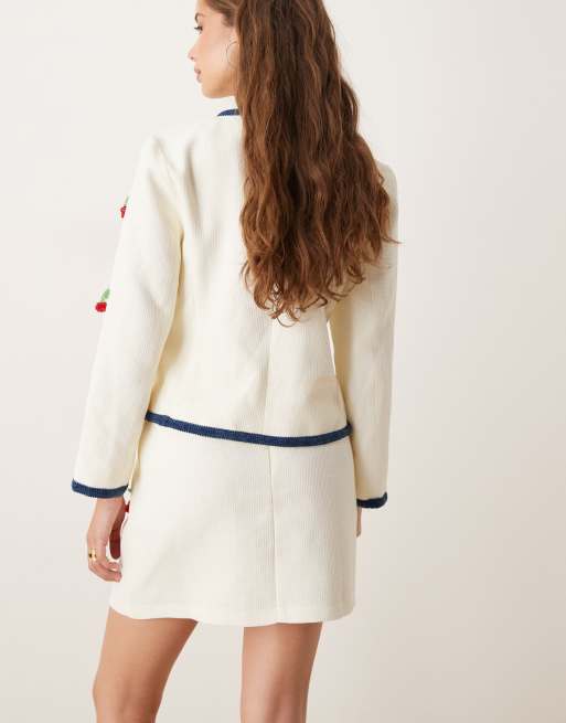 Sister Jane cherry embellished tweed mini skirt co-ord in cream, 3 of 5