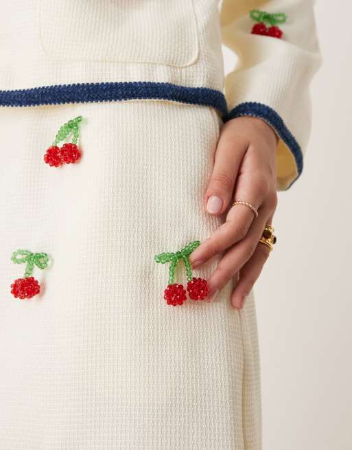 Sister Jane cherry embellished tweed mini skirt co-ord in cream, 4 of 5