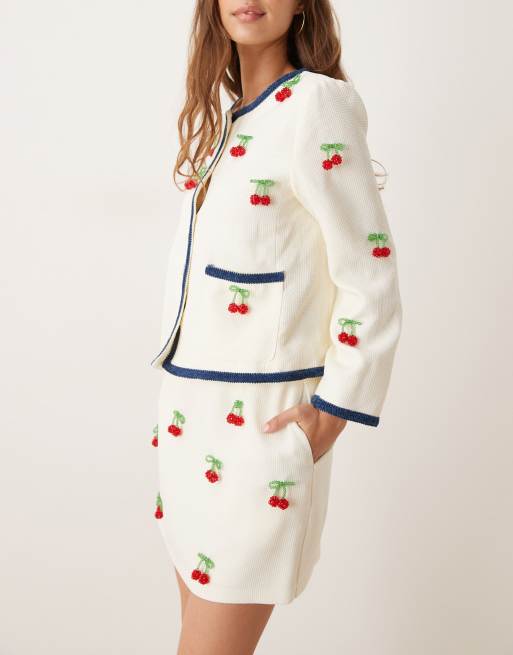 Sister Jane cherry embellished tweed mini skirt co-ord in cream, 5 of 5