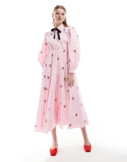 Sister Jane cherry embroidered bow midi dress in pink