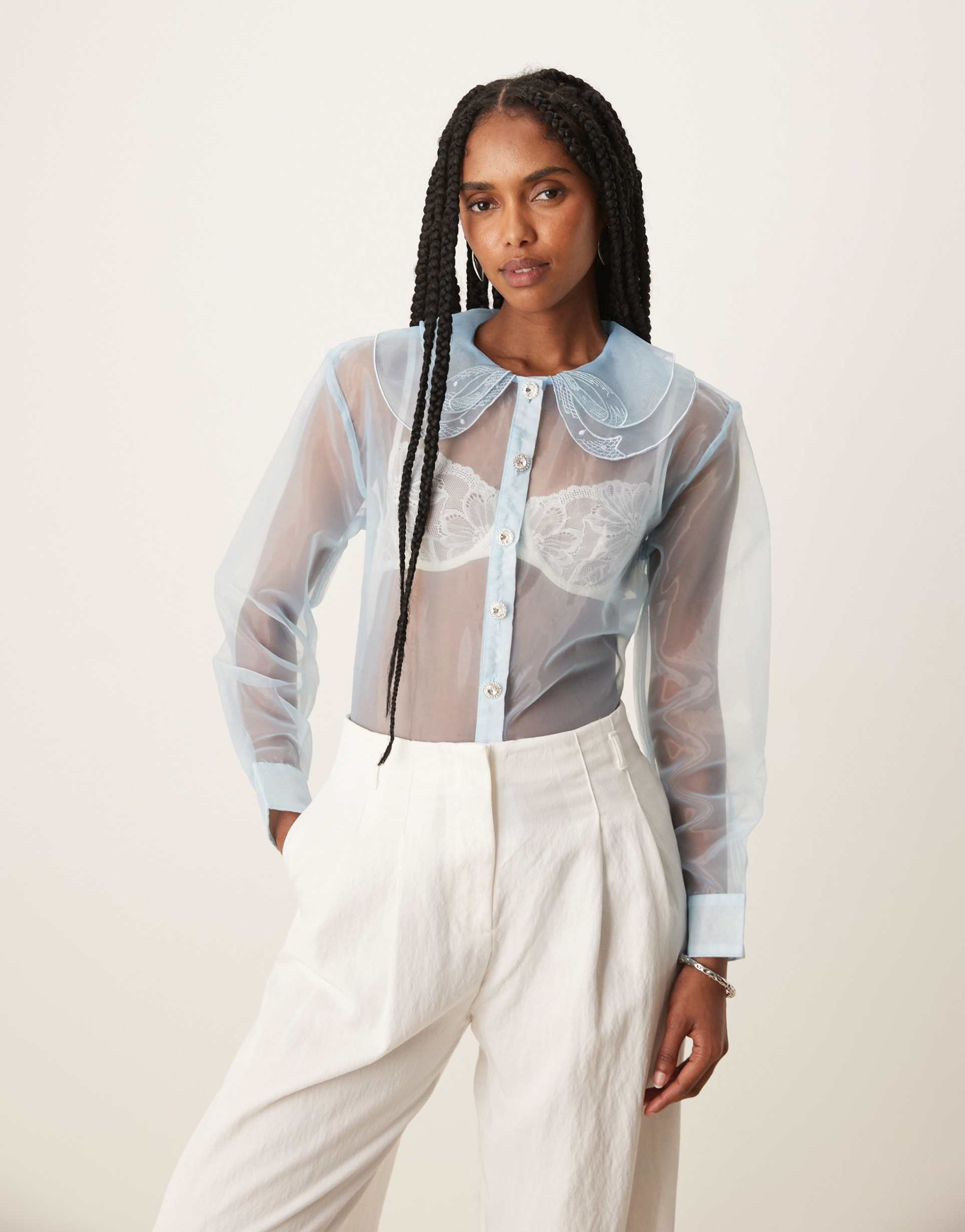 sister jane chicory sheer organza blouse in light blue