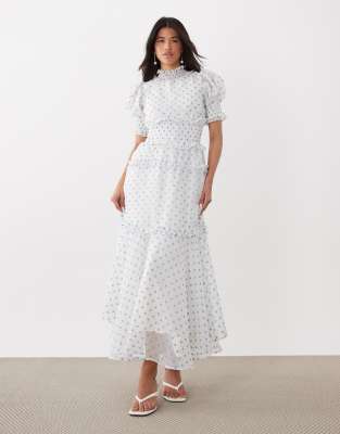Sister Jane chiffon shirred ruffle polka dot puff sleeve maxi dress in blue