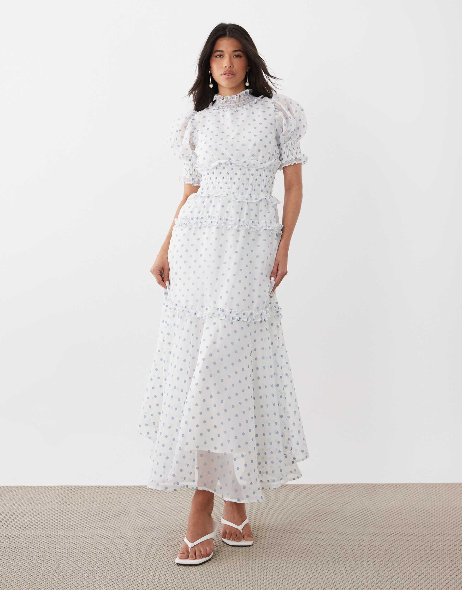 sister jane chiffon shirred ruffle puff sleeve maxi dress in blue polka dot