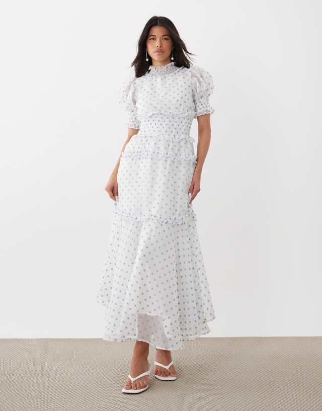 white dress with grey ruffle sleeves Sister Jane chiffon shirred puff sleeve maxi in blue polka dot Viscose Dresses