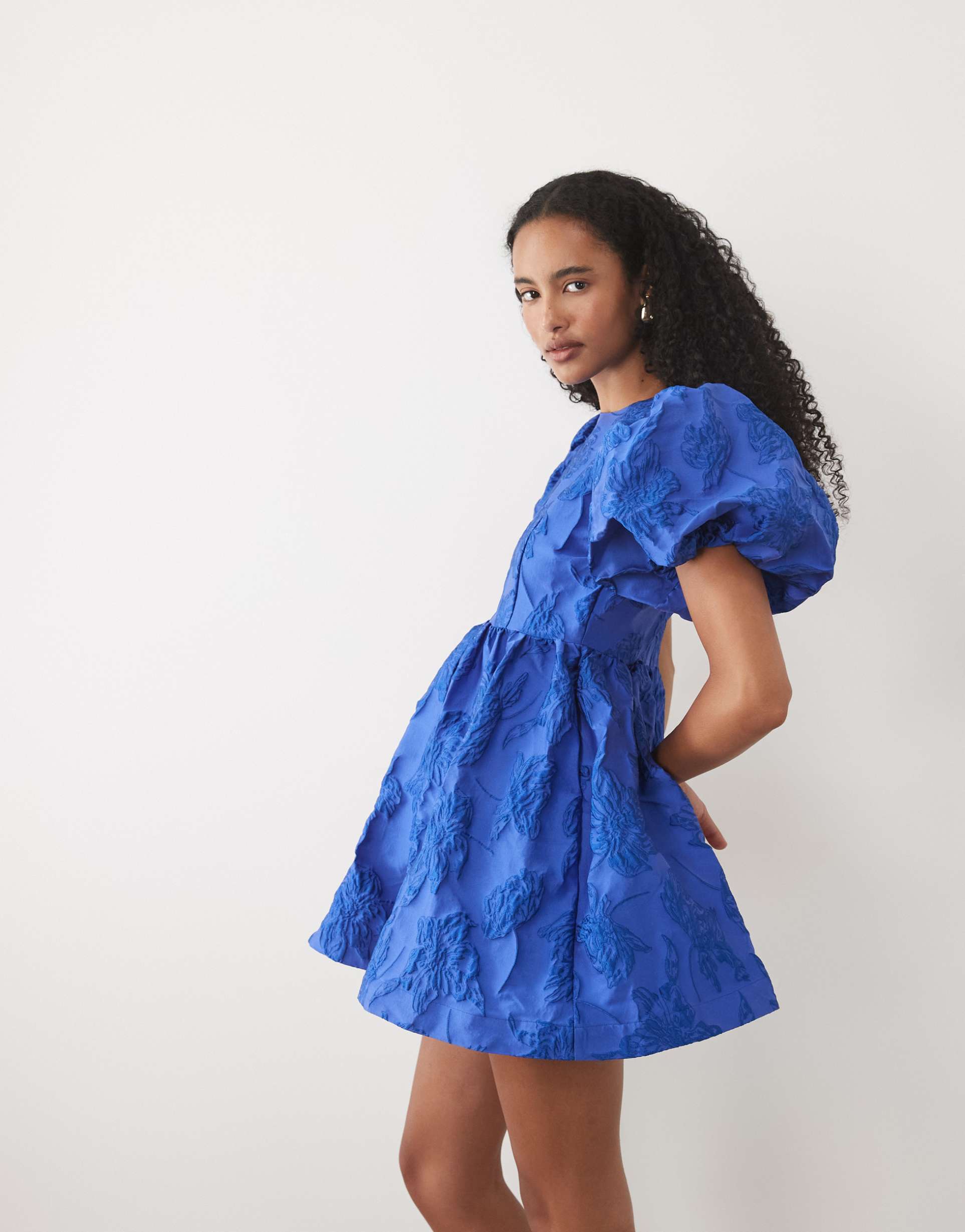 sister jane clover exclusive jacquard puff sleeve mini dress in cobalt blue