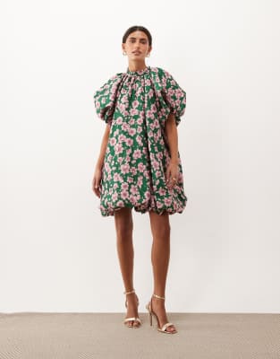 Sister Jane Colette Jacquard High Neck Puff Sleeve Bubble Hem Mini Dress In Black