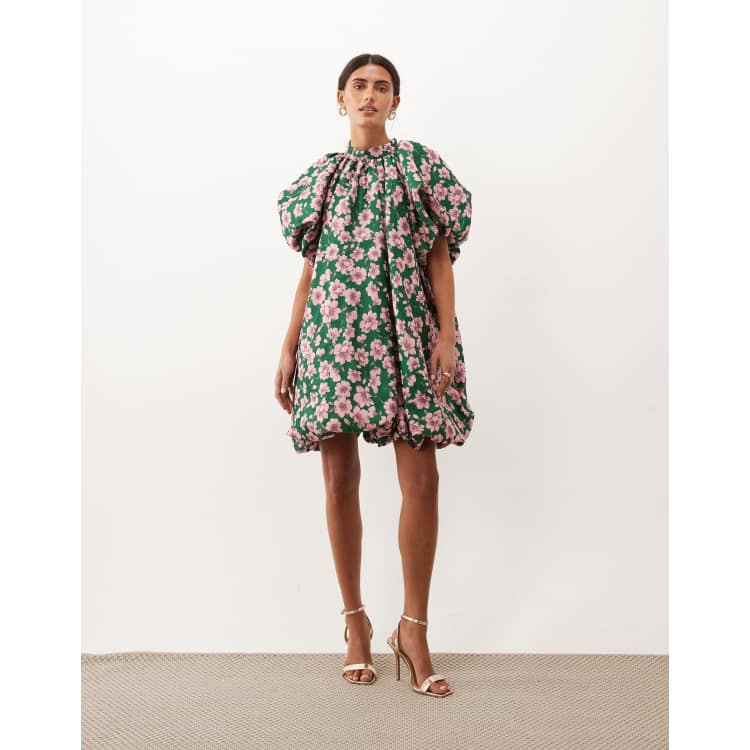 Sister Jane Colette jacquard high neck puff sleeve bubble hem mini
