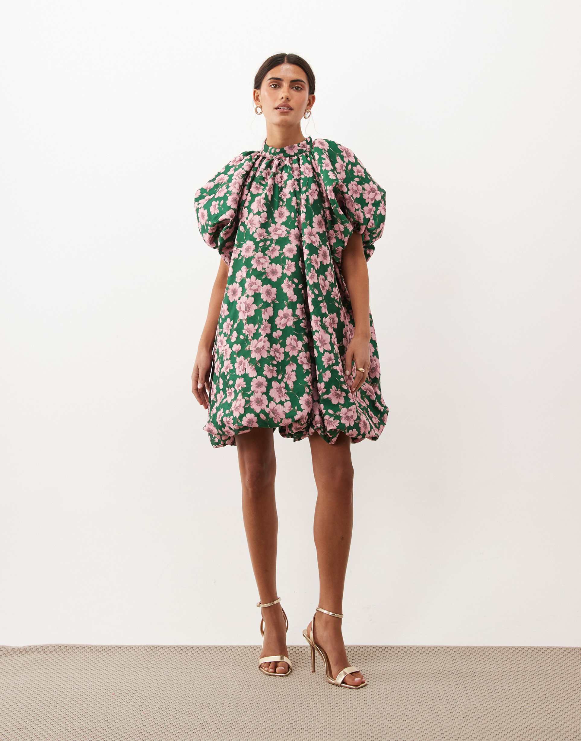 sister jane colette jacquard high neck puff sleeve bubble hem mini dress in green floral