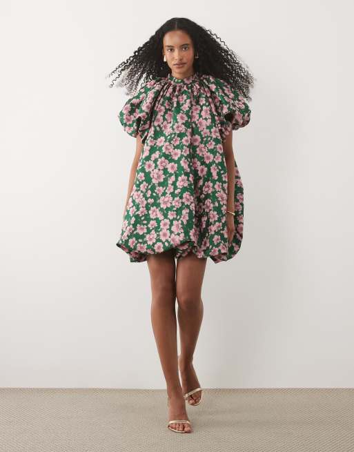 Sister Jane Colette jacquard high neck puff sleeve bubble hem mini