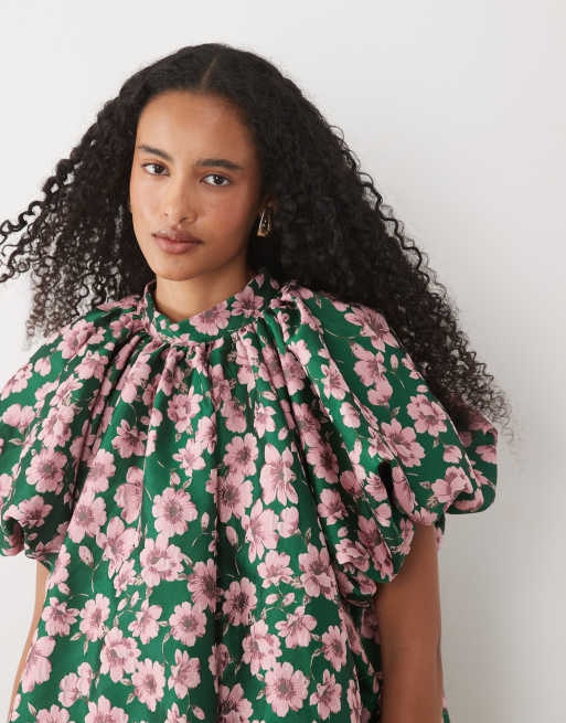 Sister Jane Colette jacquard high neck puff sleeve bubble hem mini