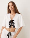 [sister jane] Sister Jane contrast bow broderie tie top in ivory (part of a set)-White XS Ivory
