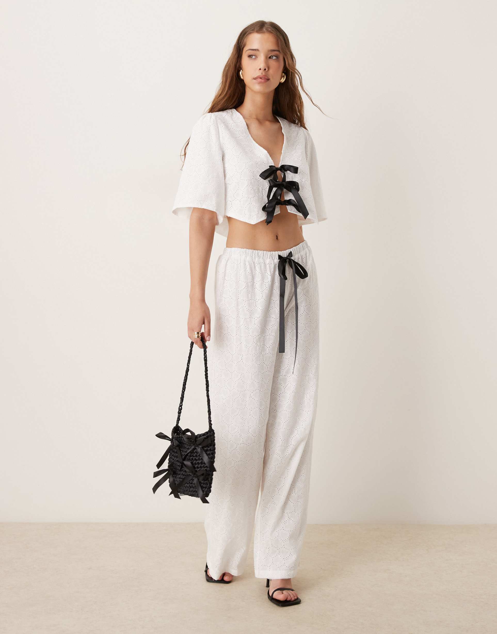 sister jane contrast bow broderie wide leg pants in ivory - part of a set