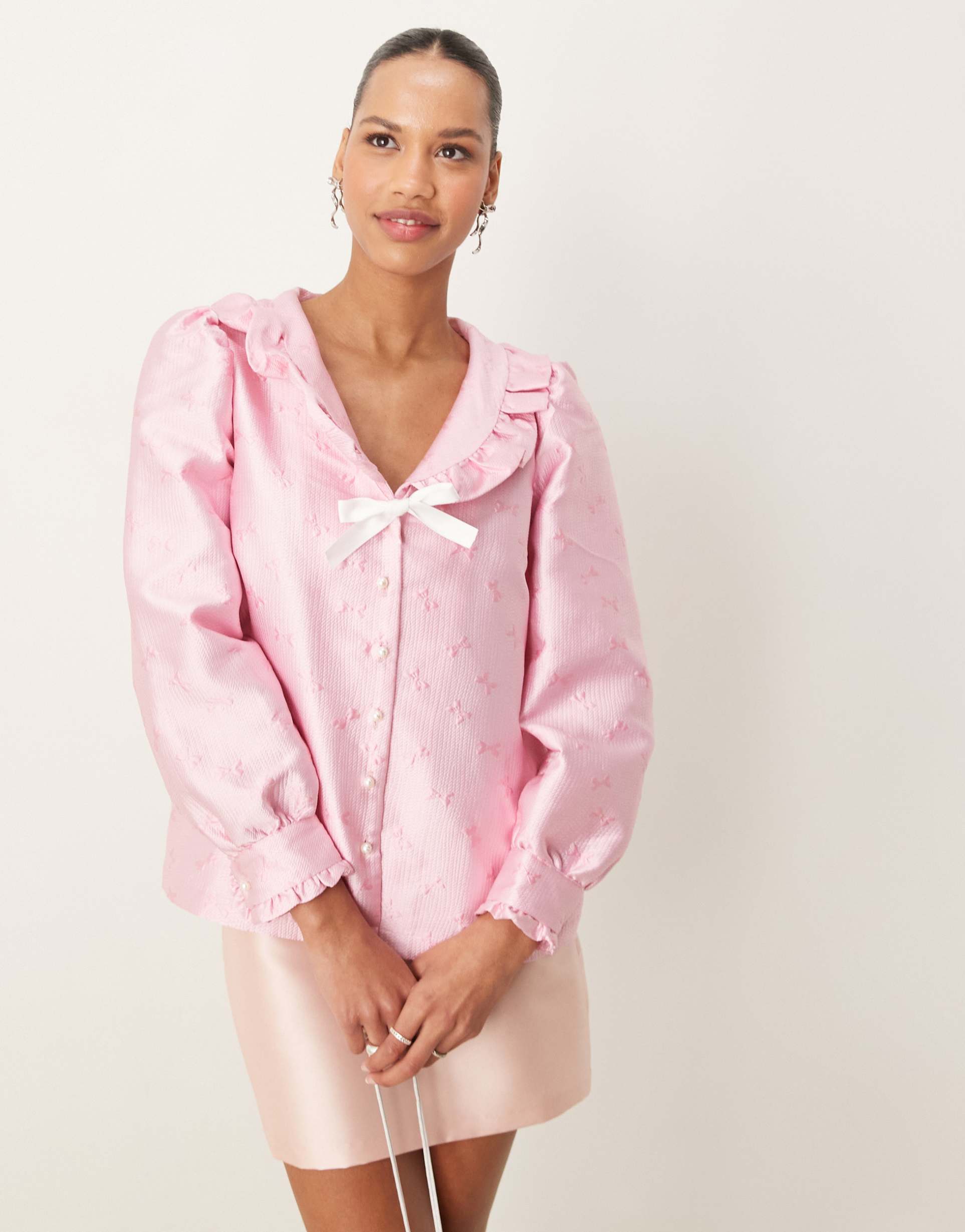 sister jane contrast bow jacquard top in baby pink