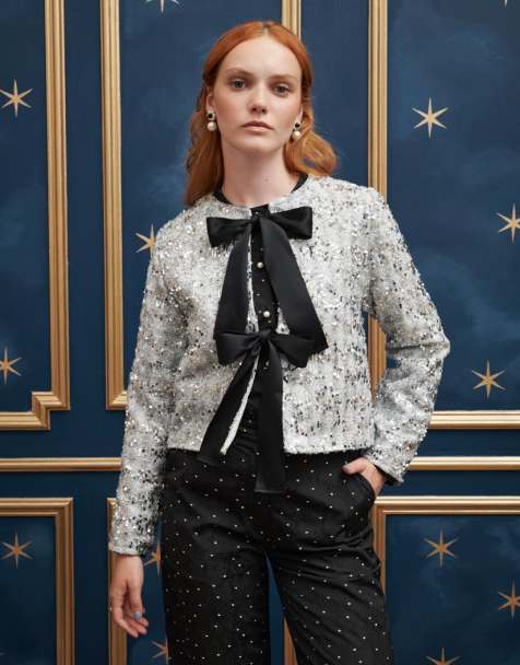 Sister Jane contrast bow knitted cardigan in silver - view 1