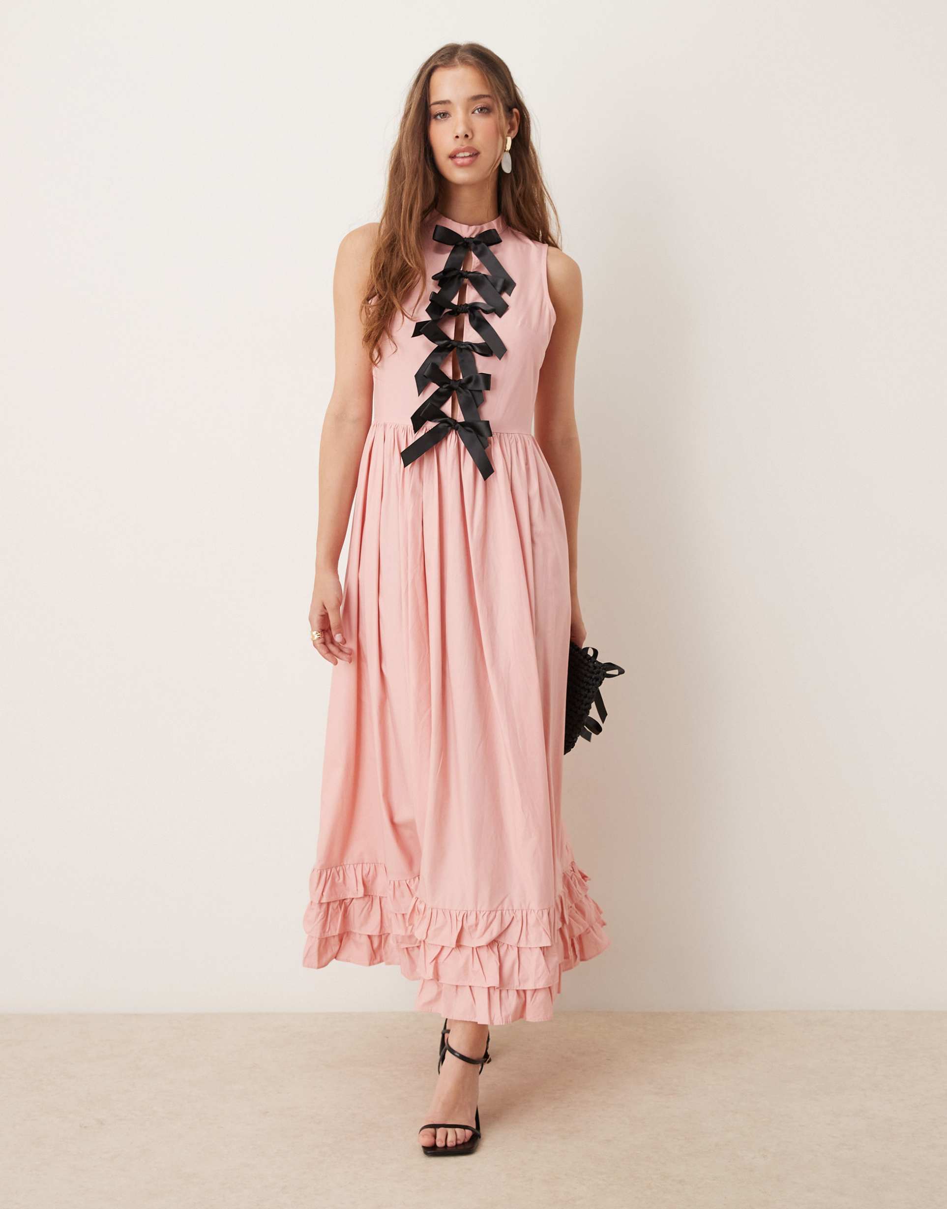 sister jane contrast bow ruffle midaxi dress in pink