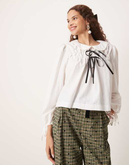 Sister Jane contrast bow shirt co-ord in ivory