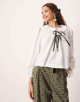 contrast bow shirt in ivory - part of a set-White