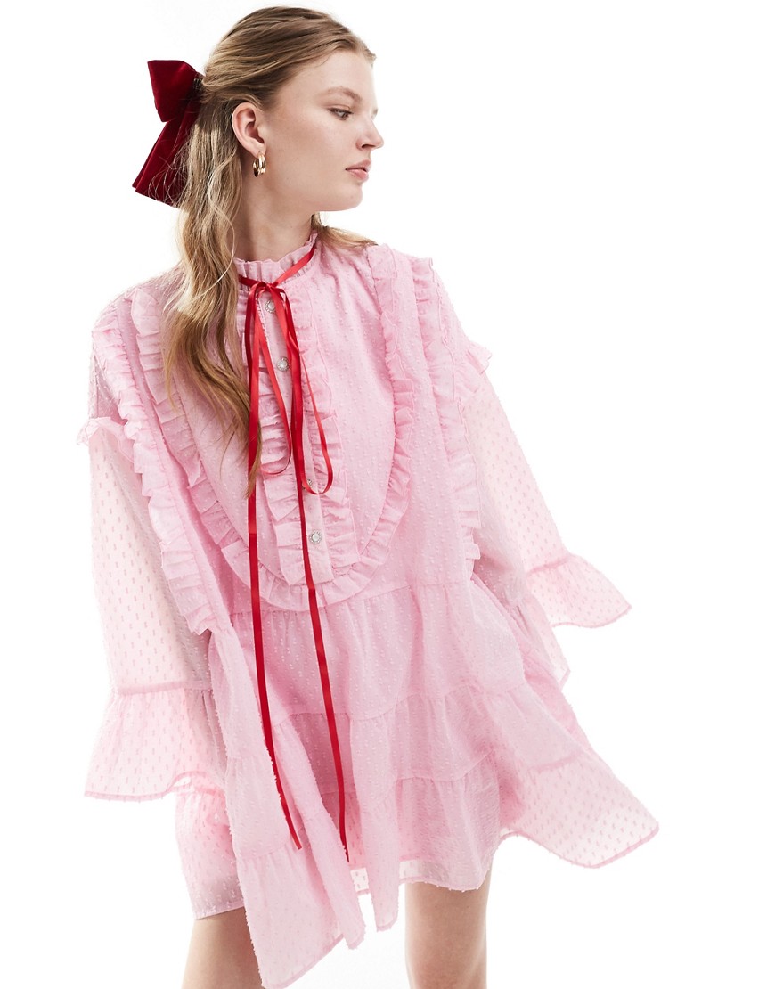Sister Jane contrast bow tie ruffle shirt mini dress In pink