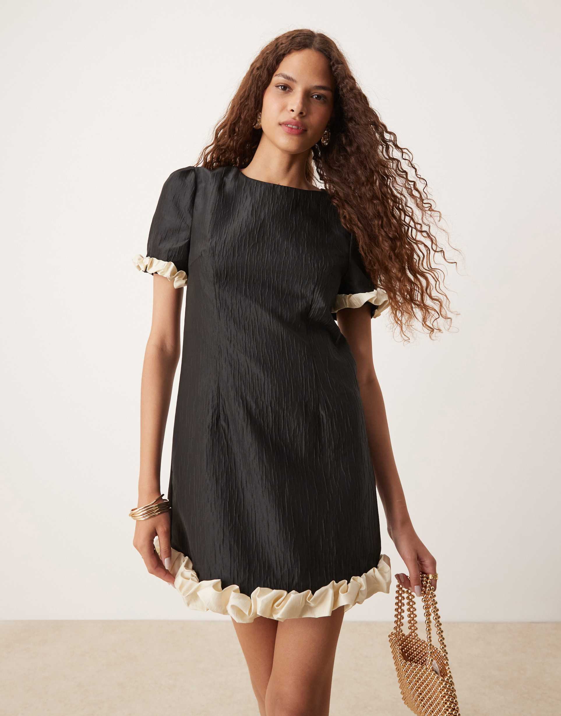 sister jane contrast bubble mini dress in black