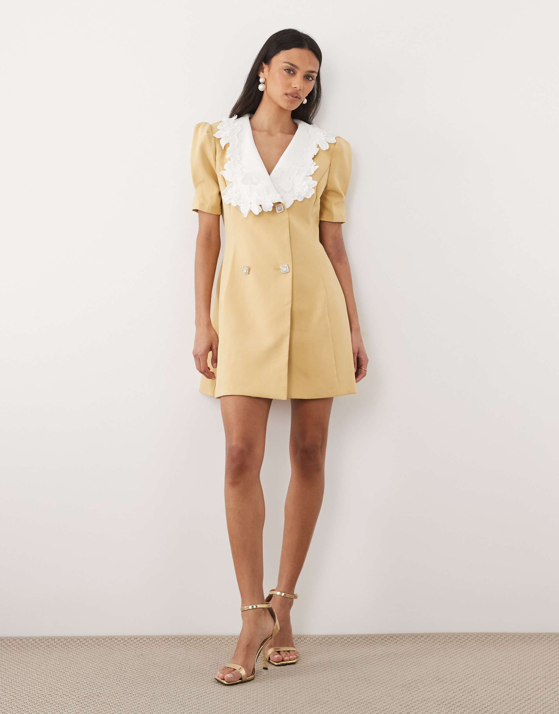 sister jane contrast collar button detailing mini dress in yellow