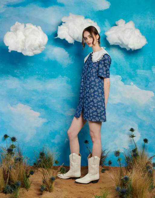 Sister Jane contrast collar denim mini dress in blue | ASOS