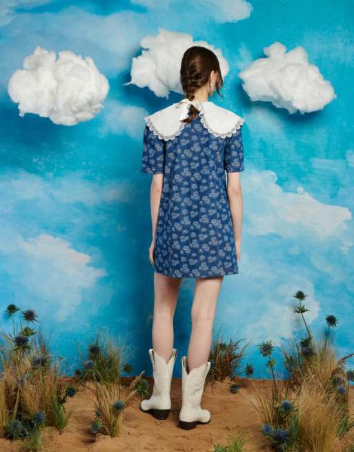 Sister Jane contrast collar denim mini dress in blue, 3 of 4