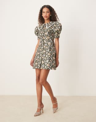 contrast collar jacquard mini dress in green floral-Multi