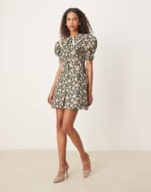 Sister Jane puff sleeve mini jacquard dress in emerald green