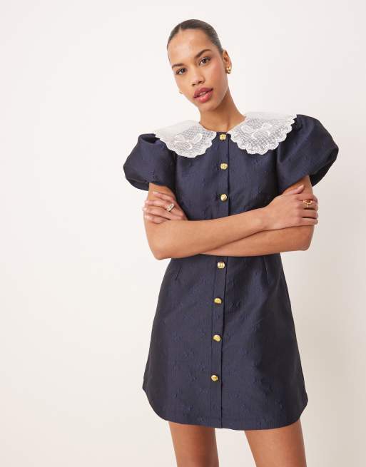 Sister Jane contrast collar jacquard mini dress in navy blue