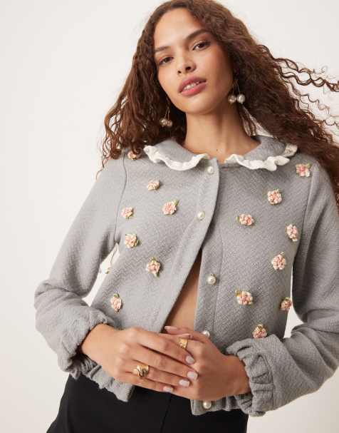 Sister Jane contrast collar knit rose embellished cardigan in grey - view 1