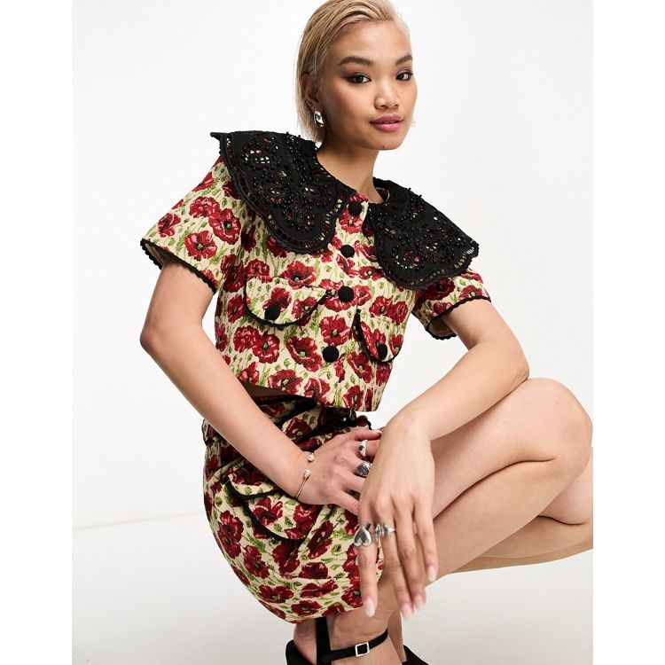 Sister Jane contrast lace collar top in poppy print - part of a set