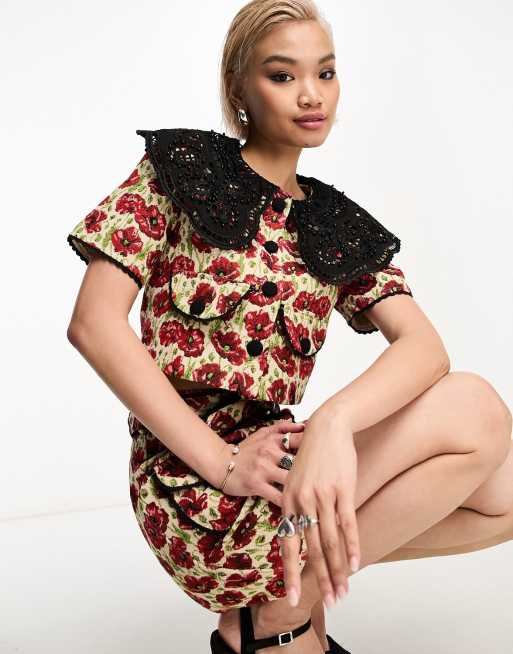 Sister Jane contrast lace collar top in poppy print - part of a set