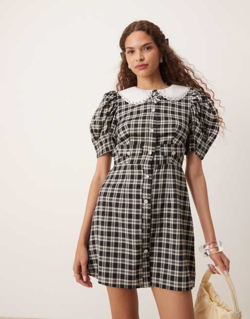 Double Collar Plaid Mini Dress ⁡, '𝟤𝟧 summer