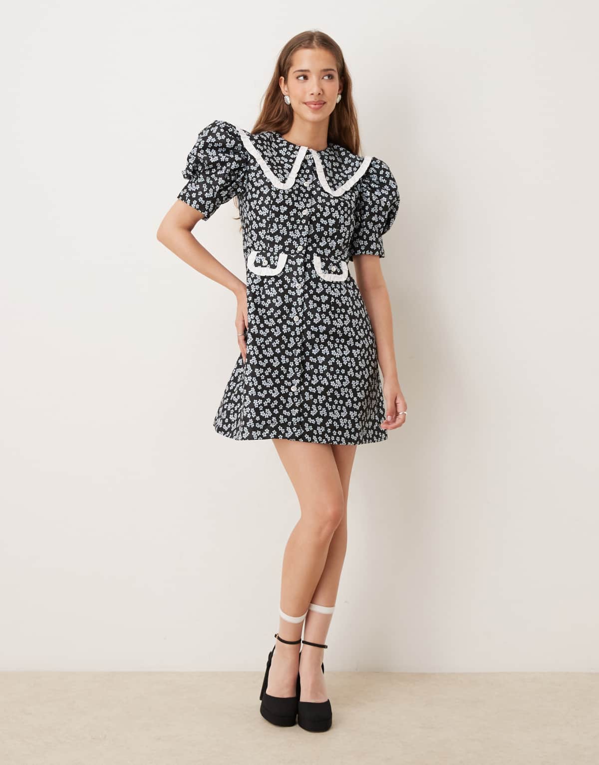 Sister Jane contrast oversized collar mini dress in black floral