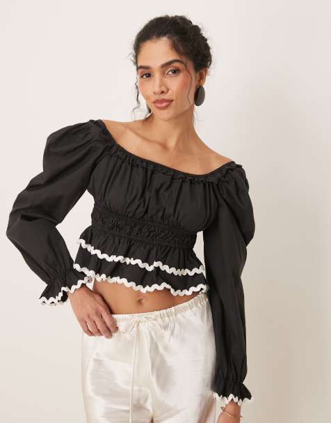Sister Jane contrast ruffle crop top in black - view 1