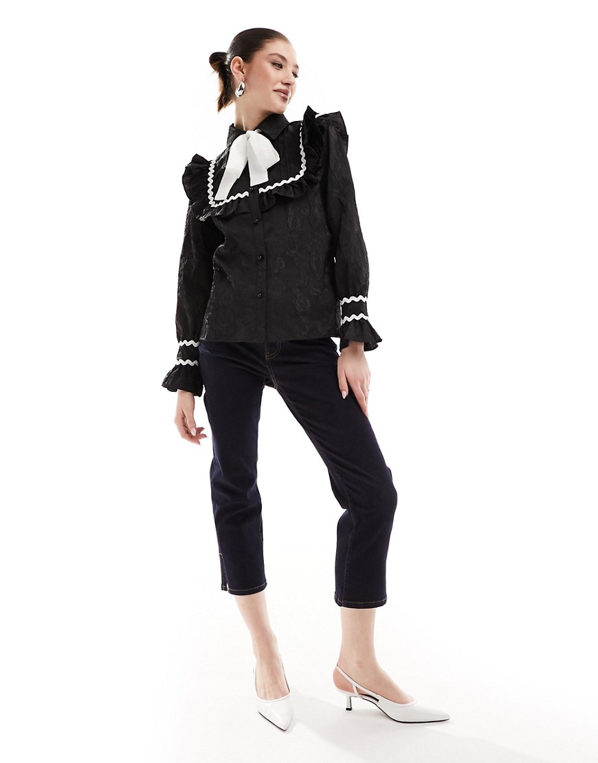 Sister Jane contrast stitch bow shirt in black
