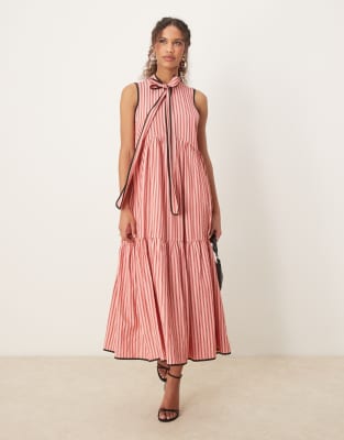 contrast stripe midi bow dress in pink