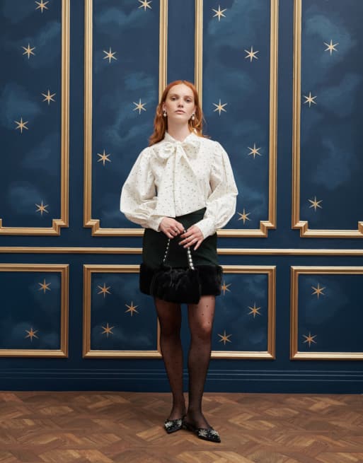 Sister Jane - Coordinato oversize color crema a pois con fiocco