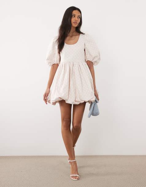 Sister Jane cotton denim polka dot puff sleeve bubble hem mini dress in pink - view 1