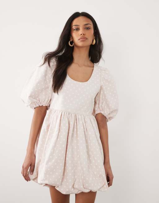 Sister Jane cotton denim polka dot puff sleeve bubble hem mini dress in pink, 2 of 4