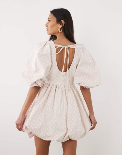 Sister Jane cotton denim polka dot puff sleeve bubble hem mini dress in pink, 4 of 4