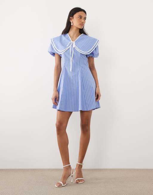 Sister Jane cotton rich oversized collar puff sleeve mini dress in blue stripe, 2 of 4