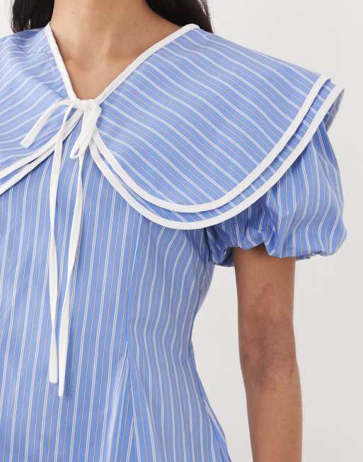 Sister Jane cotton rich oversized collar puff sleeve mini dress in blue stripe, 4 of 4