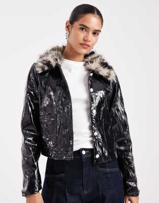 Sister Jane Crinkle Pu Jacket With Leopard Faux Fur Collar In Black